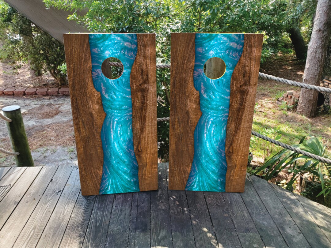 Waterproof Cornhole WRAPS / Dark Blue Epoxy / Natural Wood Grain / Laminated - Cornhole Bag Toss