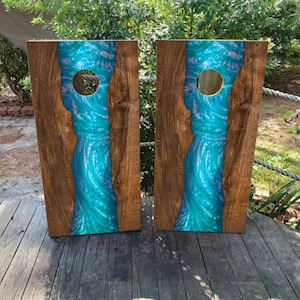 WATERPROOF & NON FADING Cornhole Board Wraps - Turquoise Epoxy River - Easy to Apply, Laminated, Weatherproof, Custom Design, Natural