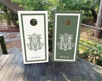 WATERPROOF & NON-FADING Custom Wedding Cornhole Wraps / Wedding Monogram / Olive Green and White / Personalized Wedding Gift