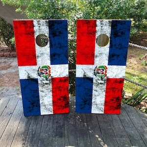 WATERPROOF & NON FADING Cornhole Board Wraps - Dominican Flag - Easy to Apply, Weatherproof, Laminated, High Quality, Professional Quality
