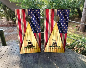 WATERPROOF & NON FADING Cornhole Board Wraps - Don't Tread on Me - Easy to Apply, Weatherproof, Laminated, High Quality, Professional