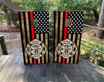 Thin Red Line Firefighter Cornhole Board Wraps – American Flag Design with Fire Department Logo