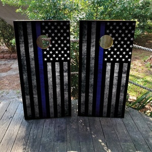 WATERPROOF & NON FADING Cornhole Board Wraps - Distressed Thin Blue line American Flag - Easy to Apply, Weatherproof, Laminated, Pro