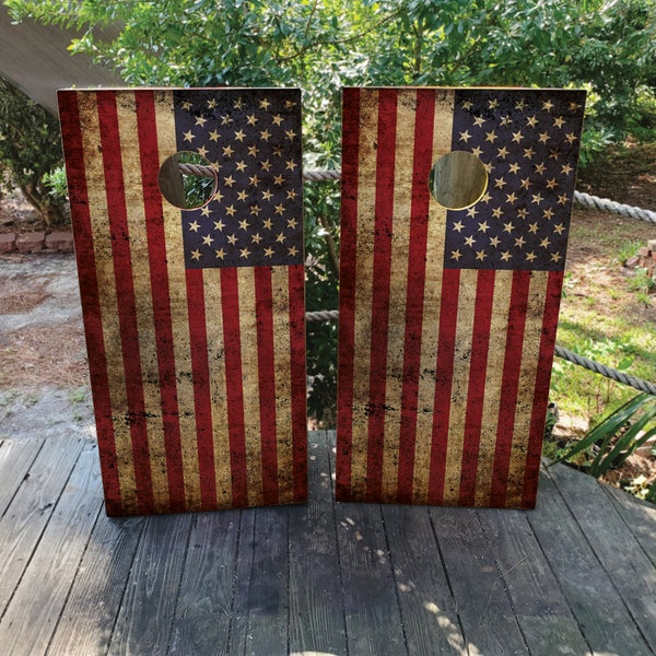 WATERPROOF & NON FADING Cornhole Board Wraps - Distressed American Flag - Easy to Install, Laminated, Weatherproof, High Quality, America