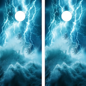 WASSERDICHTE & NICHT VERBLASENDE Cornhole Wraps - Poseidon - Blitzszene - Einfach anzubringen / Abziehbild / Haut / Aufkleber / Cornhole Natur