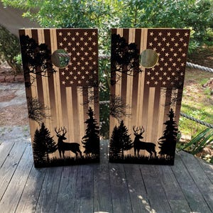 WATERPROOF & NON FADING Cornhole Board Wraps - Deer Hunter American Flag on Wood Grain - Easy to Apply, Weatherproof, Laminated, Decals