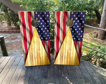 American Flag Wood Grain Cornhole Board Wraps – Waterproof, Non-Fading