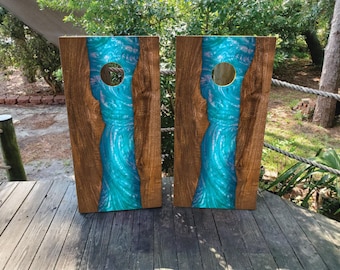 Turquoise Epoxy River Cornhole Board Wraps – Weatherproof Laminated Vinyl