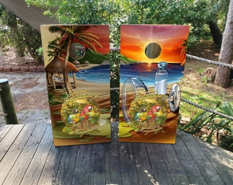 WATERPROOF & NON FADING Cornhole Board Wraps - Beachy Cornhole Board Wraps - Easy to Install, Decals, Custom Design, Ocean, Sunset, Vacation