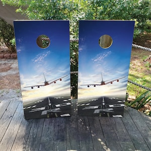WATERPROOF & NON FADING Cornhole Board Wraps - Airplane Takeoff - Easy to Apply, Laminated, Weatherproof, High Quality, Custom Design