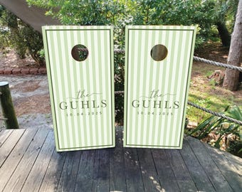 WATERPROOF & NON-FADING Custom Wedding Cornhole Wraps / Sage Green and White Striped Wedding Cornhole Wraps with Last Name and Wedding Date
