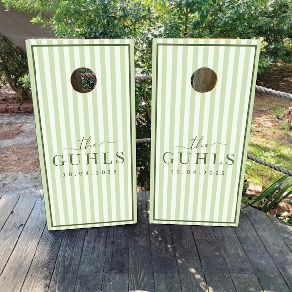 WATERPROOF & NON-FADING Custom Wedding Cornhole Wraps / Sage Green and White Striped Wedding Cornhole Wraps with Last Name and Wedding Date