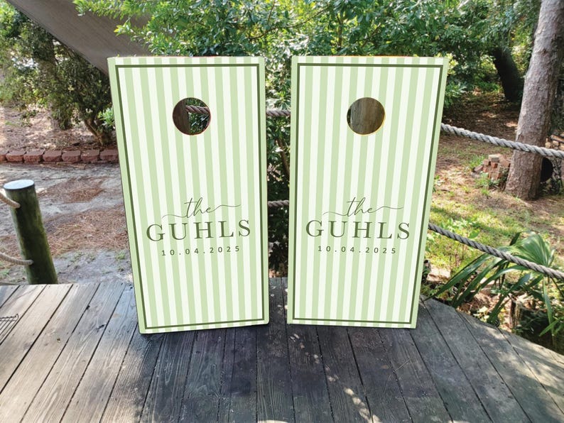 WATERPROOF & NON-FADING Custom Wedding Cornhole Wraps / Sage Green and White Striped Wedding Cornhole Wraps with Last Name and Wedding Date