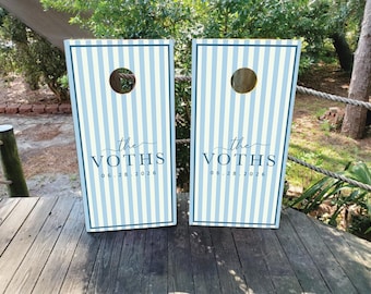 WATERPROOF & NON-FADING Custom Wedding Cornhole Wraps / Dusty Blue and White Striped Wedding Cornhole Wraps with Last Name and Wedding Date