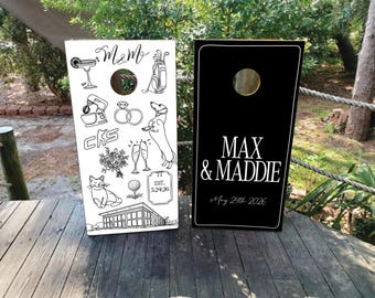 Custom Wedding Cornhole Wraps: Illustrated Love Story in Black and White, Waterproof Vinyl Skins