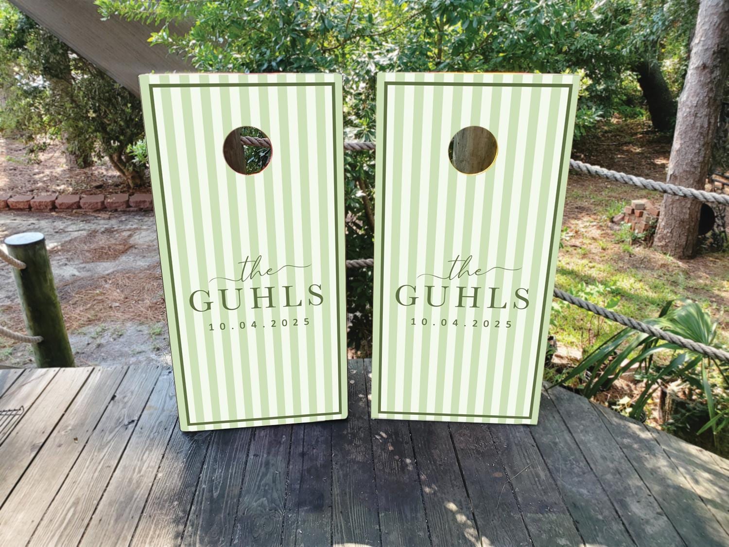 WATERPROOF & NON-FADING Custom Wedding Cornhole Wraps / Sage Green and White Striped Wedding Cornhole Wraps with Last Name and Wedding Date