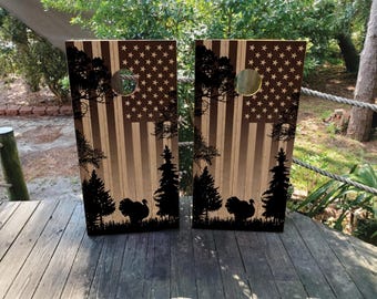 Turkey Hunter Cornhole Board Wraps: American Flag Wood Grain, Waterproof Decals