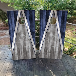 WATERPROOF & NON FADING Cornhole Wraps - Blue Gray Natural Wood Grain - Laminated / Weatherproof / Easy to Apply / Decals / Skins / Stickers