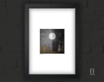 Autumn Equinox Art Print - Mabon Harvest Moon and Sun Illustration