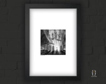 Por la mano de Merlín, lámina artística de Stonehenge: ilustración mítica del folclore de la antigua Gran Bretaña.