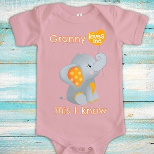 Granny Loves Me Cute Grandma Name Elephant Baby Bodysuit for Girls or Boys Unique Gift for Granddaughter or Grandson Pregnancy Announcement