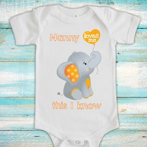 Nanny Loves Me Cute Grandma Name Elephant Baby Bodysuit Unique Grandmother Gift for Granddaughter or Grandson or Pregnancy Announcement