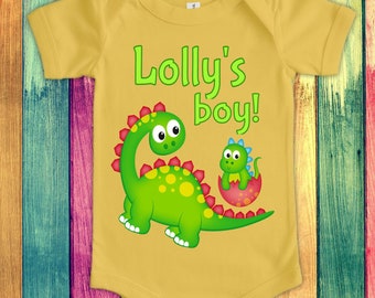 Lolly's Boy Cute Grandma Name Dinosaur Baby Bodysuit, Tshirt or Toddler Shirt for a Special Grandmother Gift or Pregnancy Announcement