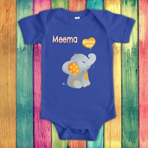 Meema Loves Me Cute Grandma Name Elephant Baby Bodysuit, Tshirt or Toddler Shirt Yiddish Grandmother Gift or Pregnancy Reveal Announcement