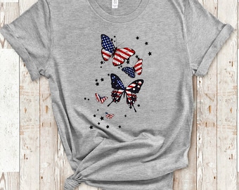 Patriotic Shirt with Red White Blue Butterflies Great USA Shirt for Flag Day Memorial Day or July 4th