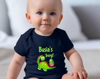Busia's Boy Cute Grandma Name Dinosaur Baby Bodysuit, Tshirt or Toddler Shirt for a Polish Grandmother Gift or Pregnancy Reveal Announcement