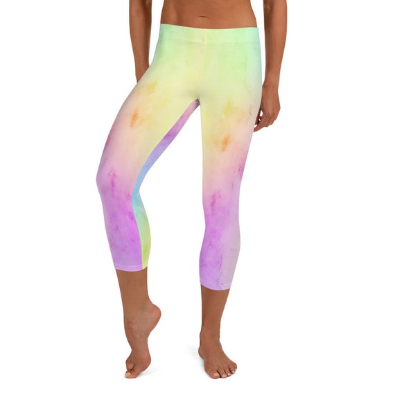 Capri Pink Yellow Blue Purple Pastel Tye Dye Rainbow Leggings for