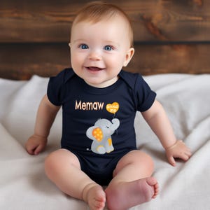 Memaw Loves Me Cute Grandma Name Elephant Baby Bodysuit, Tshirt or Toddler Shirt Special Grandmother Gift or Pregnancy Reveal Announcement