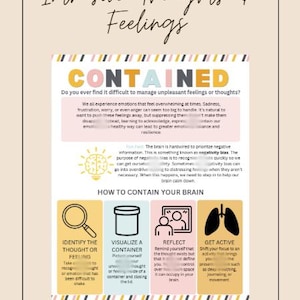 May include: A colorful infographic titled "Intrusive Thoughts & Feelings: CONTAINED" with tips on how to manage unpleasant feelings or thoughts. The infographic features a brain, a magnifying glass, a container, a mirror, and lungs.