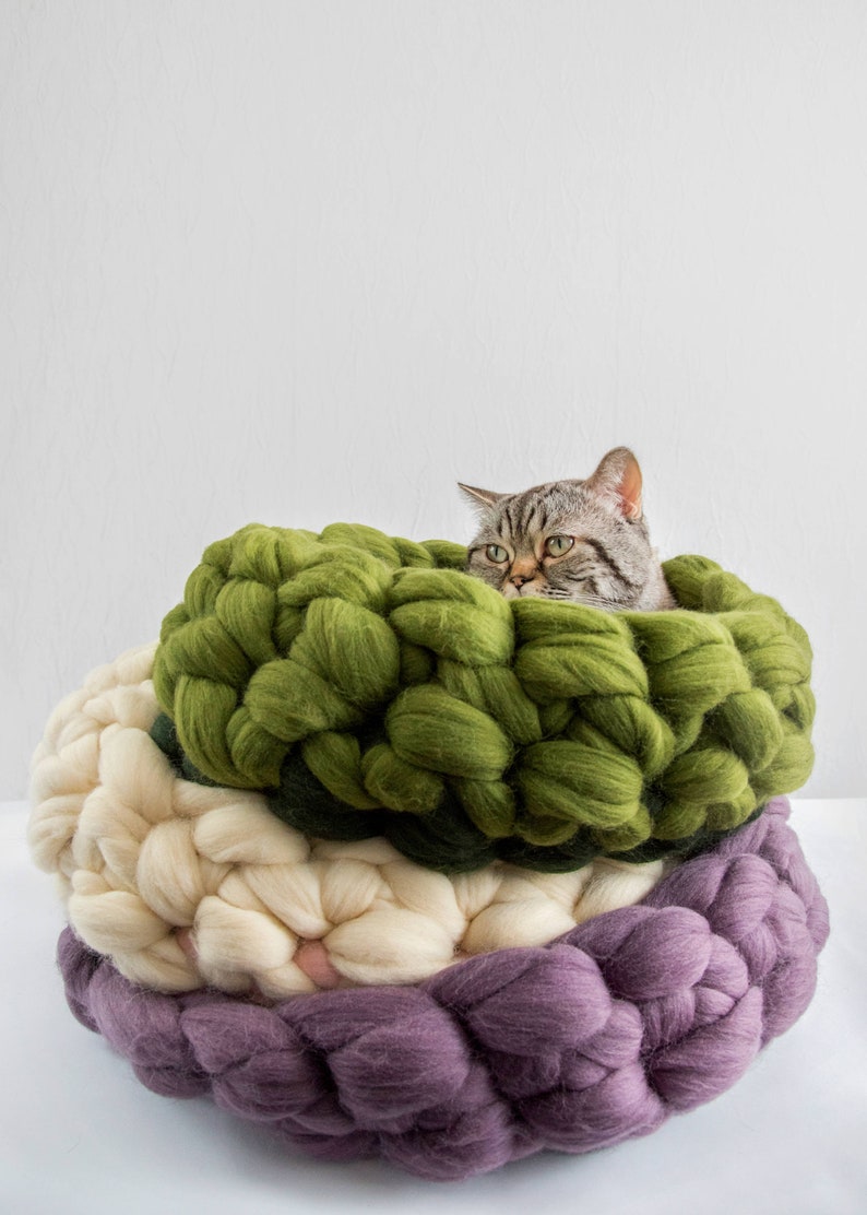 Green Round Cat Basket Chunky Cat Mat Chunky Knits Merino Etsy
