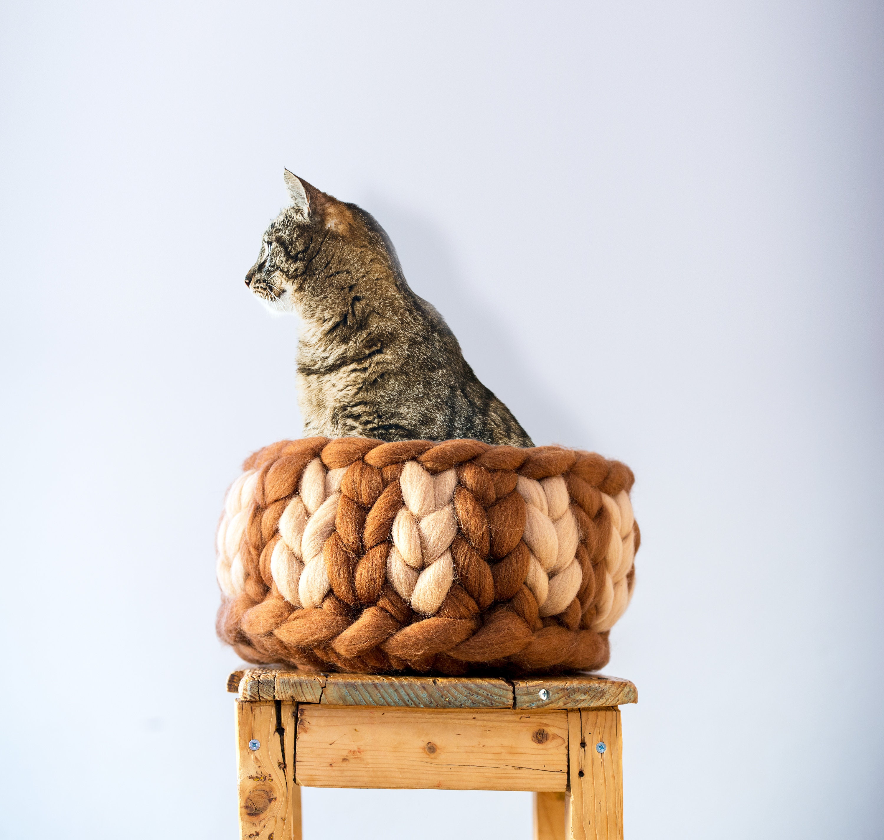 Beige Brown Round Cat Bed, Chunky Pet Knits Merino Cot, Burebure Furniture, Knitted Wool Furniture H