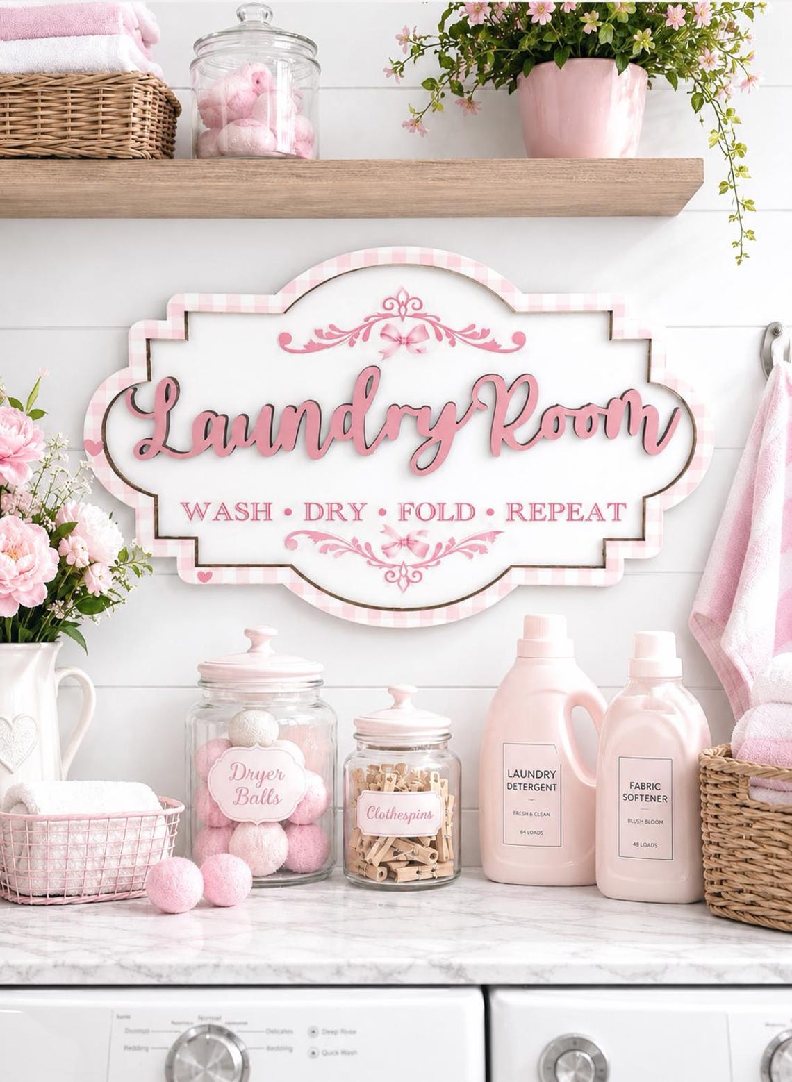 Pink Gingham Laundry Room Sign, Wash Dry Fold Repeat Wall Decor - Etsy