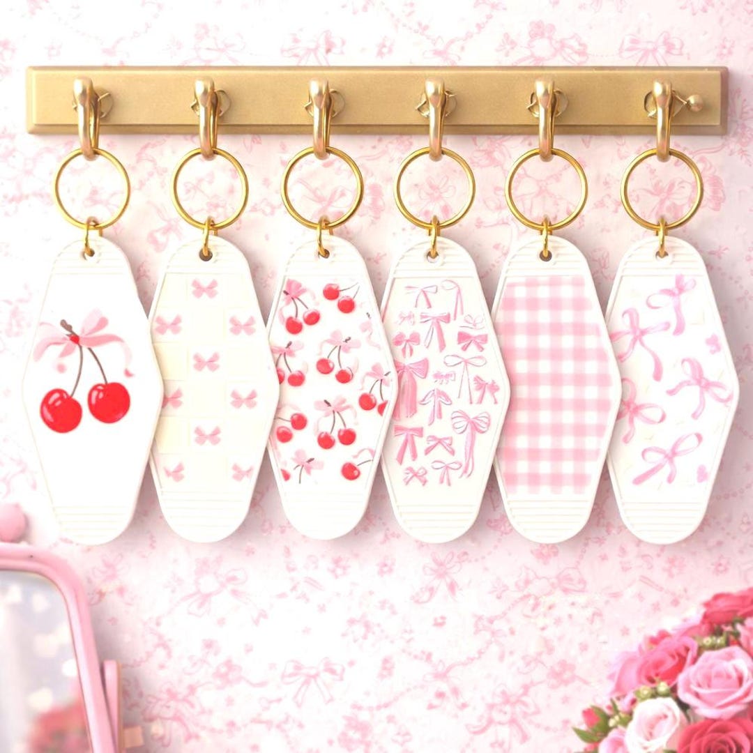 Vintage Motel Keychain – Pink Cherry & Bow Design, Retro Key Fob Bag ...