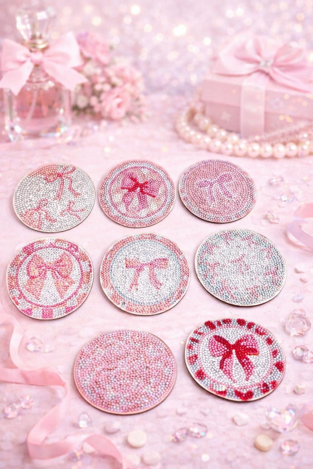 Pink Coaster Set Pink Bow Diamond Art Coasters – Set of 8 Sparkly Drink Coasters - Etsy