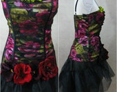 Roses and Tulle Netting Short Party Dress Holiday Cocktail Evening Dress Removeable sash pin - 2 PC camisole and skirt - Romantic Clothing