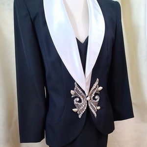 Long Black Evening Gown Beaded Jacket Hollywood Glam Cocktail Formal Event Holiday Christmas Party New Years Eve Winter Wedding Guest 90s