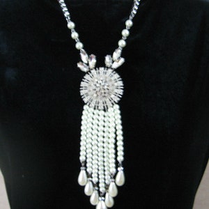 Rhinestone Statement Necklace Faux Pearl Drop Silver tone Adjustable Romantic Special Occasion Jewelry Art Deco Art Nouveau Style Necklace
