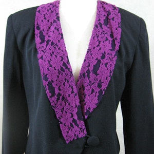 Romantic Lace Jacket Blazer Black with Purple Lace Shawl Collar Refashioned Vintage Clothing Special Occassion Evening Jacket Restyled 90s