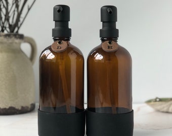Amber Glass Soap Dispenser: Silicone Sleeve & Leather Tag
