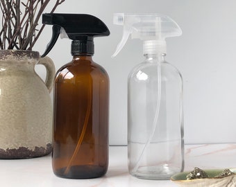 16oz Clear or Amber Glass Spray Bottle with Heavy-Duty Clear Trigger Sprayer
