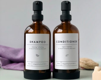 SHAMPOO FLES met label en siliconen hoes, glazen zeepdispenser, conditionerfles, amberkleurige zeepdispenser, badkamerdecor, navulbaar