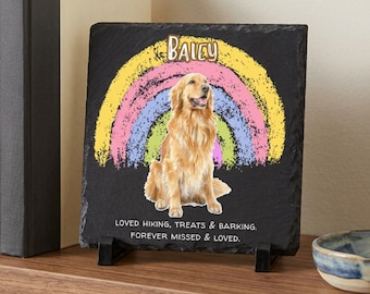 Placa conmemorativa personalizada para perro, recuerdo fotográfico en piedra, retrato de mascota arcoíris