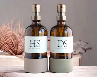Amber Glass Soap Dispenser: Monogram Label & Silicone Sleeve