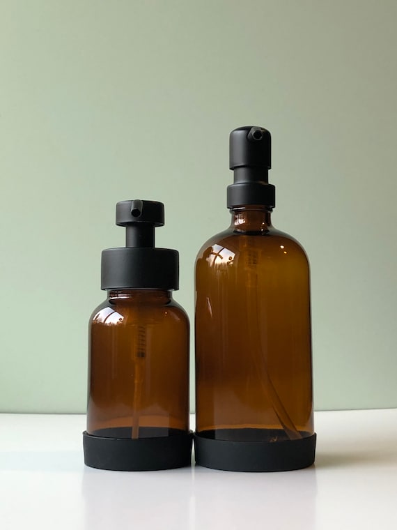 AMBER DISPENSER SET - One 8oz Foaming Soap Dispenser For Foaming Hand Soap Paired With One Regular 16oz Soap Dispenser for Dish Soap