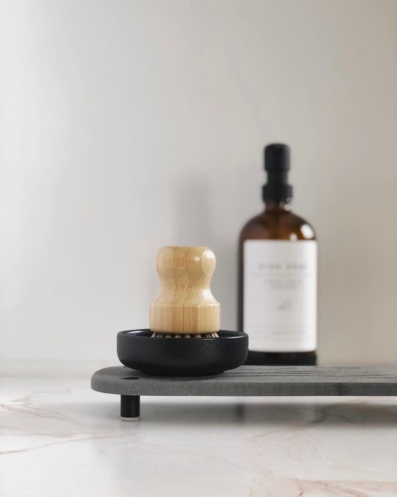 Vegan Bamboo Scrub Brush with Ceramic Dish: Plastic-Free Kitchen Cleaning