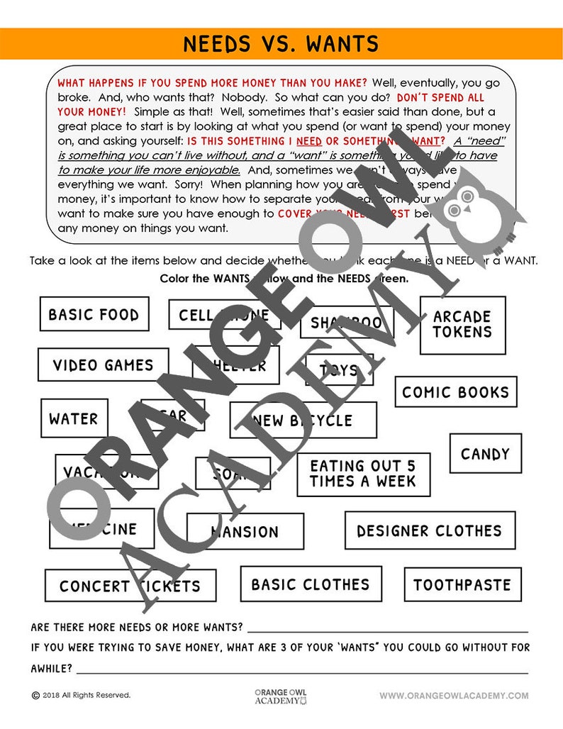 Wants Vs Needs Worksheet